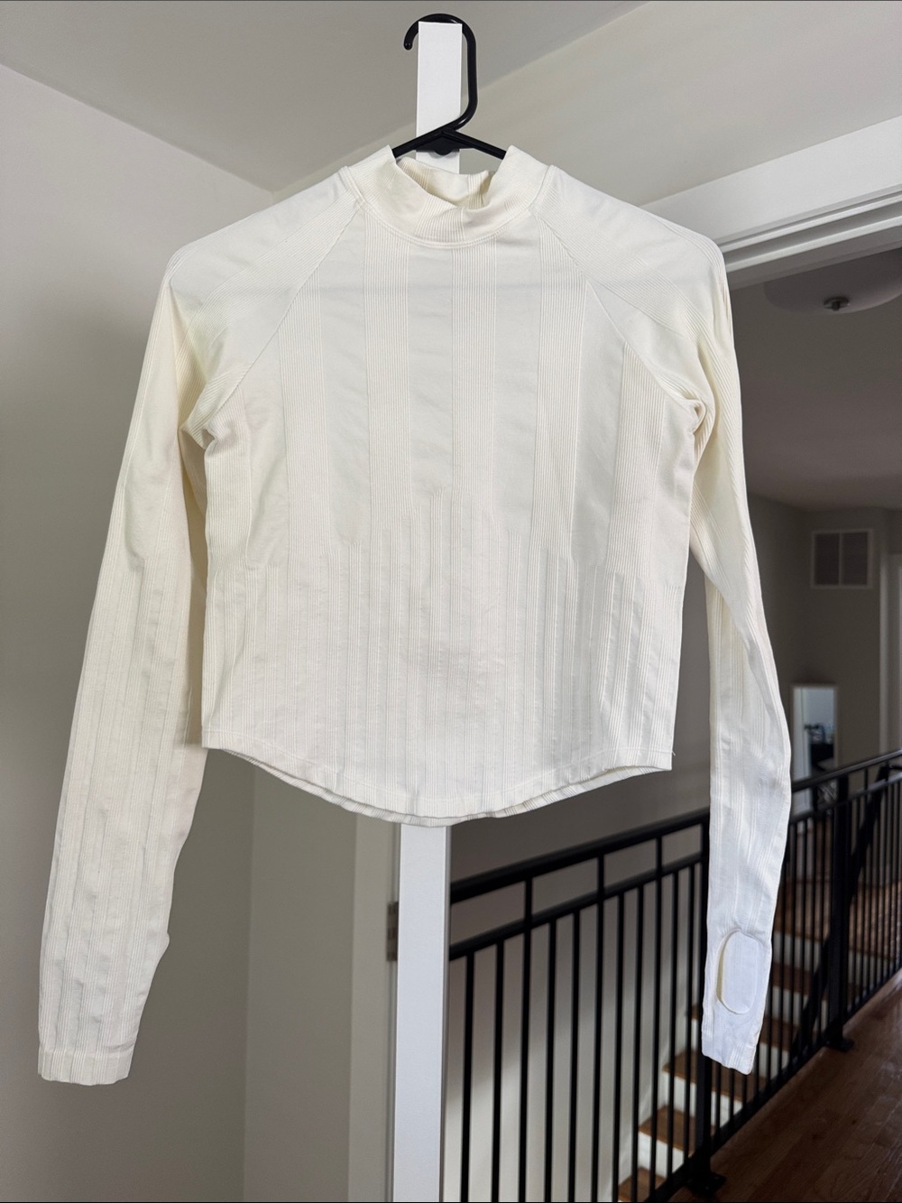 Free People Cream Ribbed Mock Neck Long-Sleeve Top